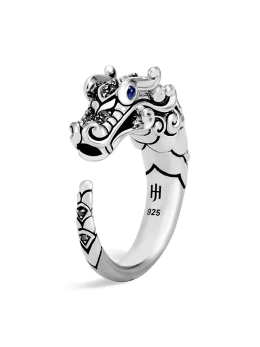 John Hardy Brushed Sterling Silver Naga Ring with Black & Blue Sapphires Size 7